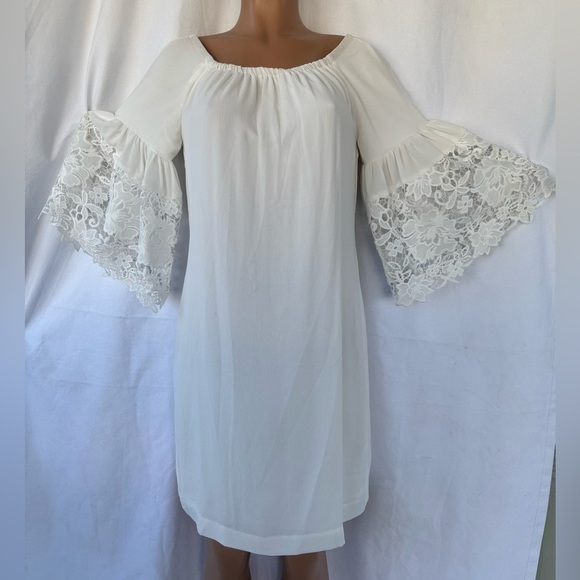 Lauren by Ralph Lauren Cream Crepe Shift Dress With Lace Bell Sleeves - Picture 1 of 11